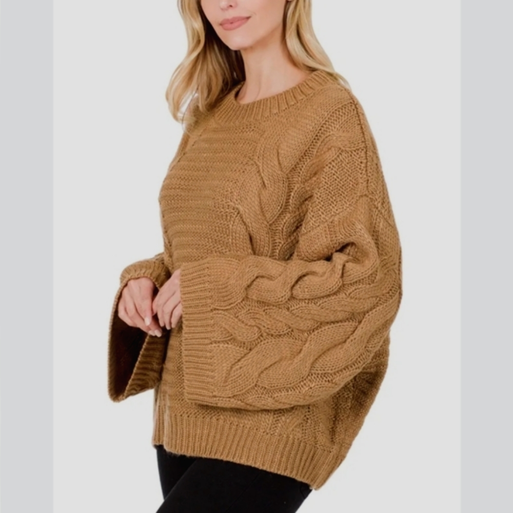NEW! Cableknit Sweater Camel Tan Neutral Trendy Top Statement Sleeves - Picture 1 of 12